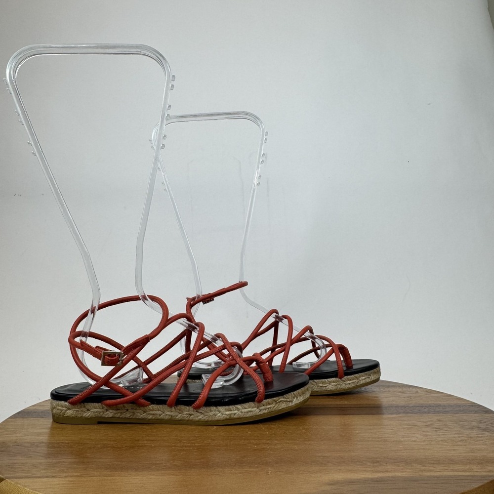 New Womens Longchamp Orange Leather Strappy Platform Espadrille Sandals Size 36‎